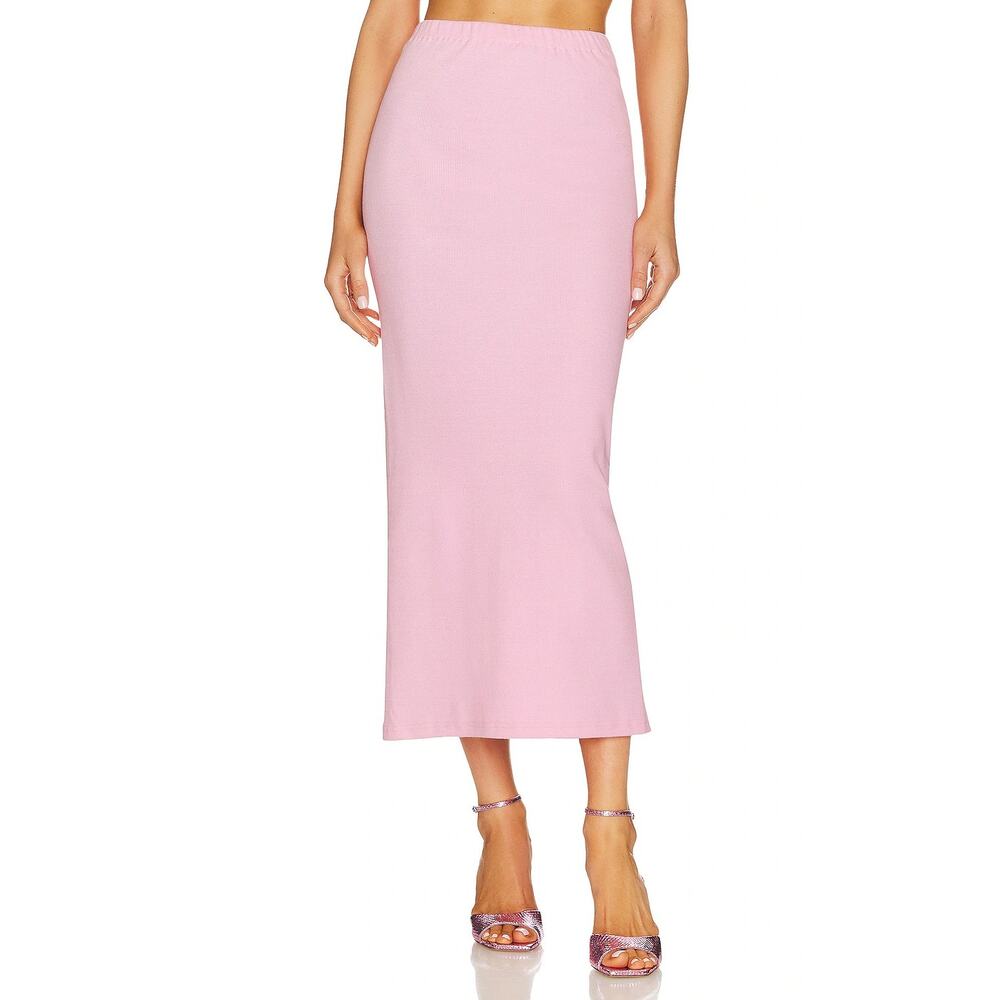 Mother of All Antonia Midi Skirt Ribbed Jersey Pull On Back Slit Baby Pink Sz XS